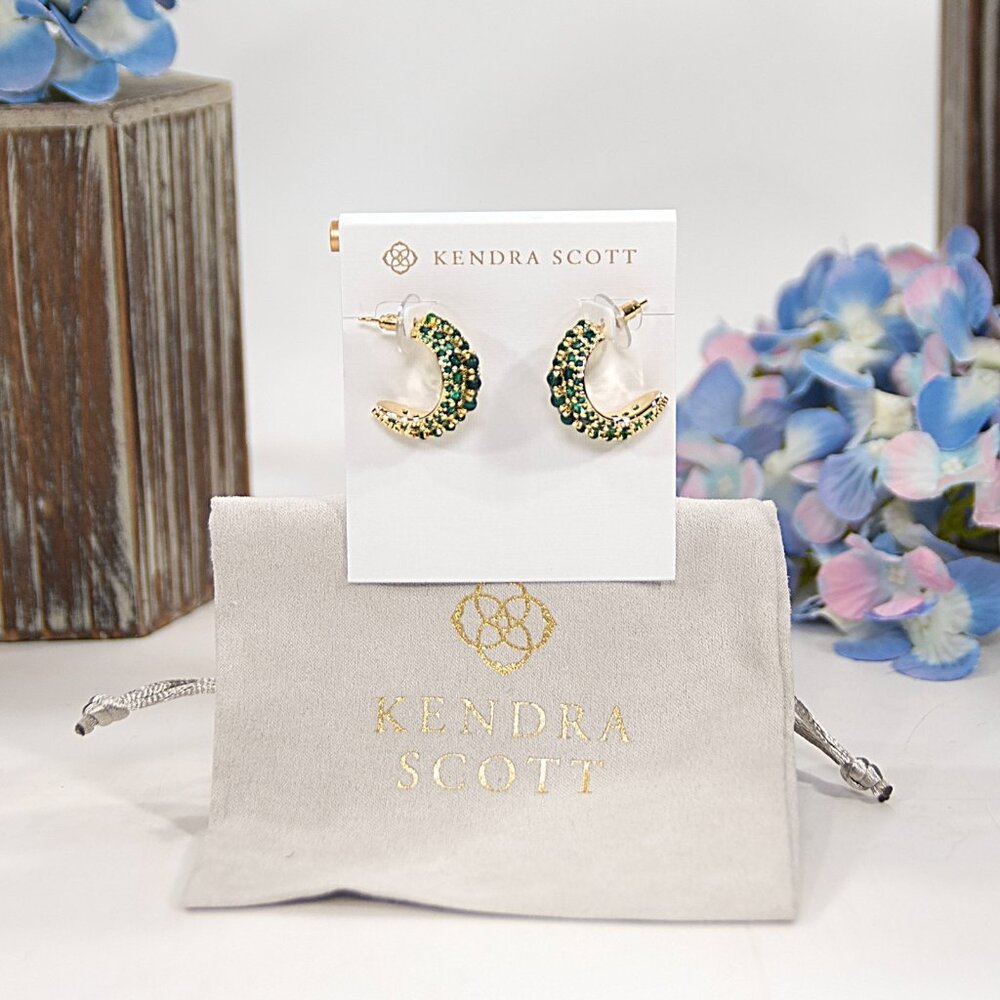 Kendra Scott Krista Green Crystal Gold Hoop Earrings NWT